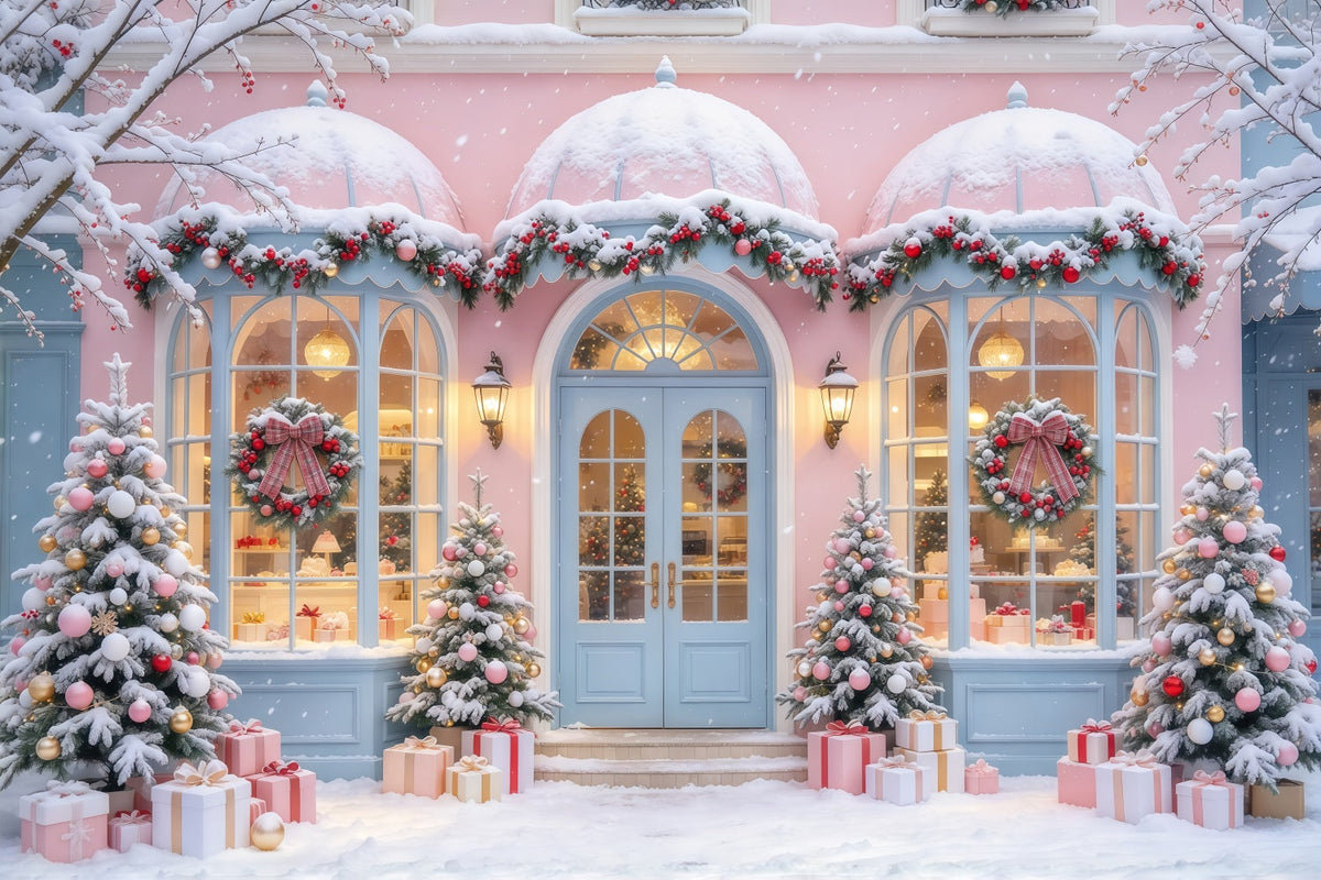 Christmas Family Backdrop Pastel Snowy Shopfront Display Pink Christmas Backdrops UK GQ69-102