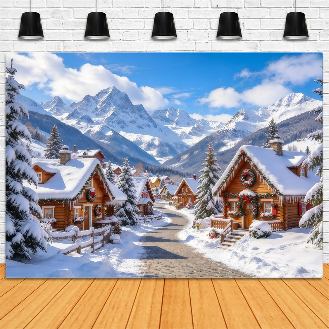 Christmas Village Backdrop Snowy Alpine Cabin Countryside Christmas Backdrop Cloth UK GQ69-107