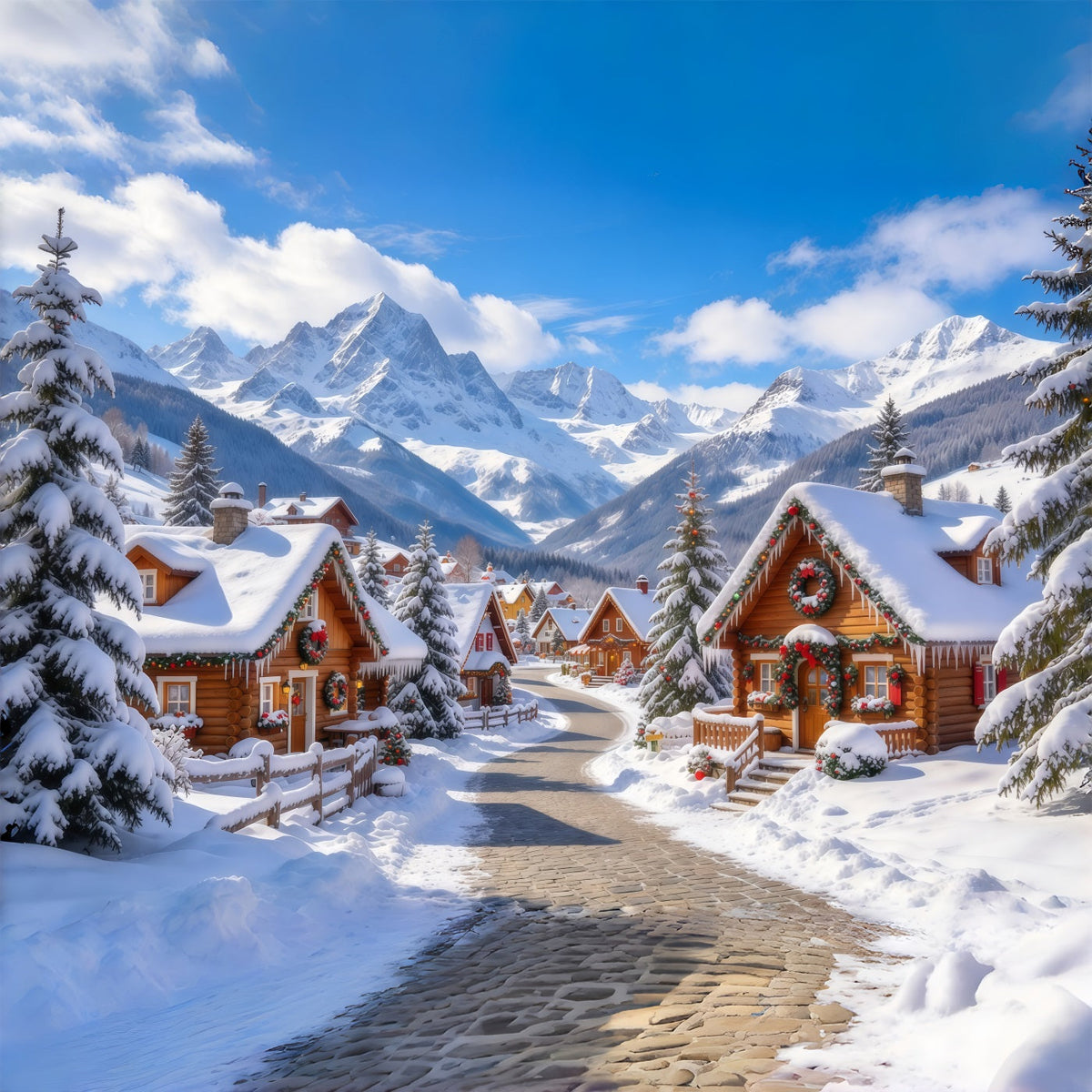 Christmas Village Backdrop Snowy Alpine Cabin Countryside Christmas Backdrop Cloth UK GQ69-107