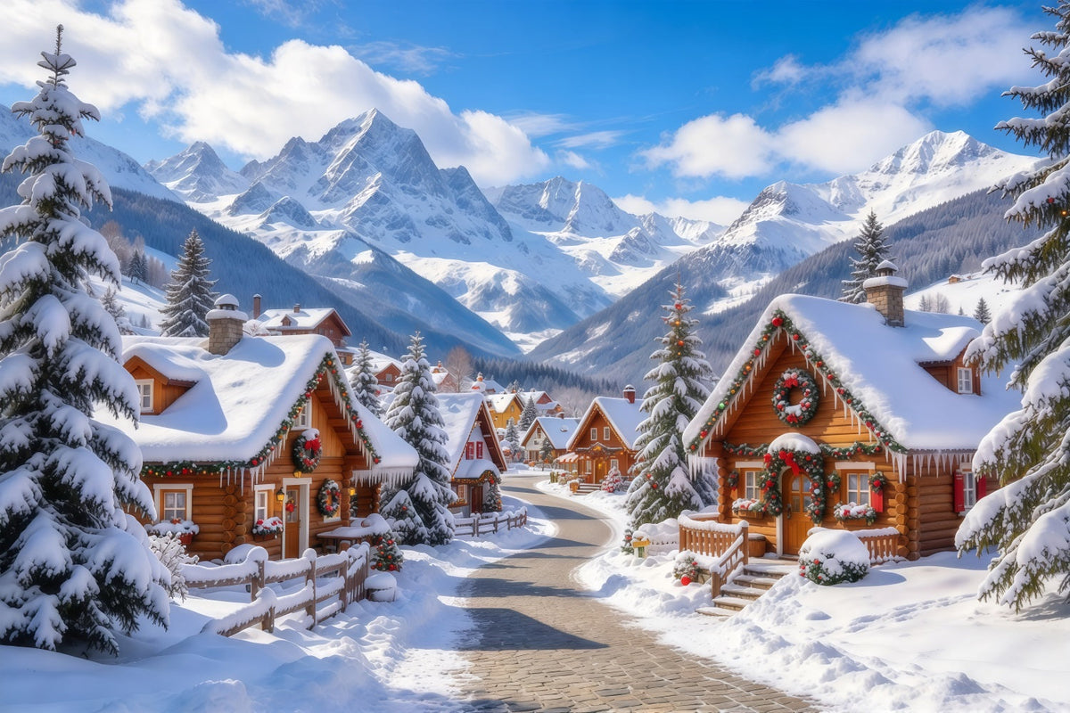 Christmas Village Backdrop Snowy Alpine Cabin Countryside Christmas Backdrop Cloth UK GQ69-107