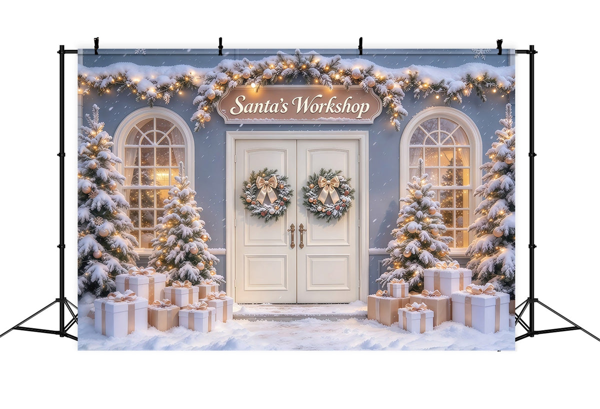 High Resolution Christmas Backdrops Snowy Door Display Santas Workshop Photo Backdrop UK GQ69-108
