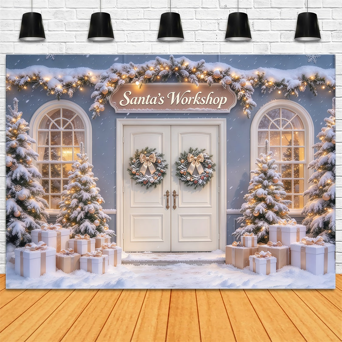 High Resolution Christmas Backdrops Snowy Door Display Santas Workshop Photo Backdrop UK GQ69-108