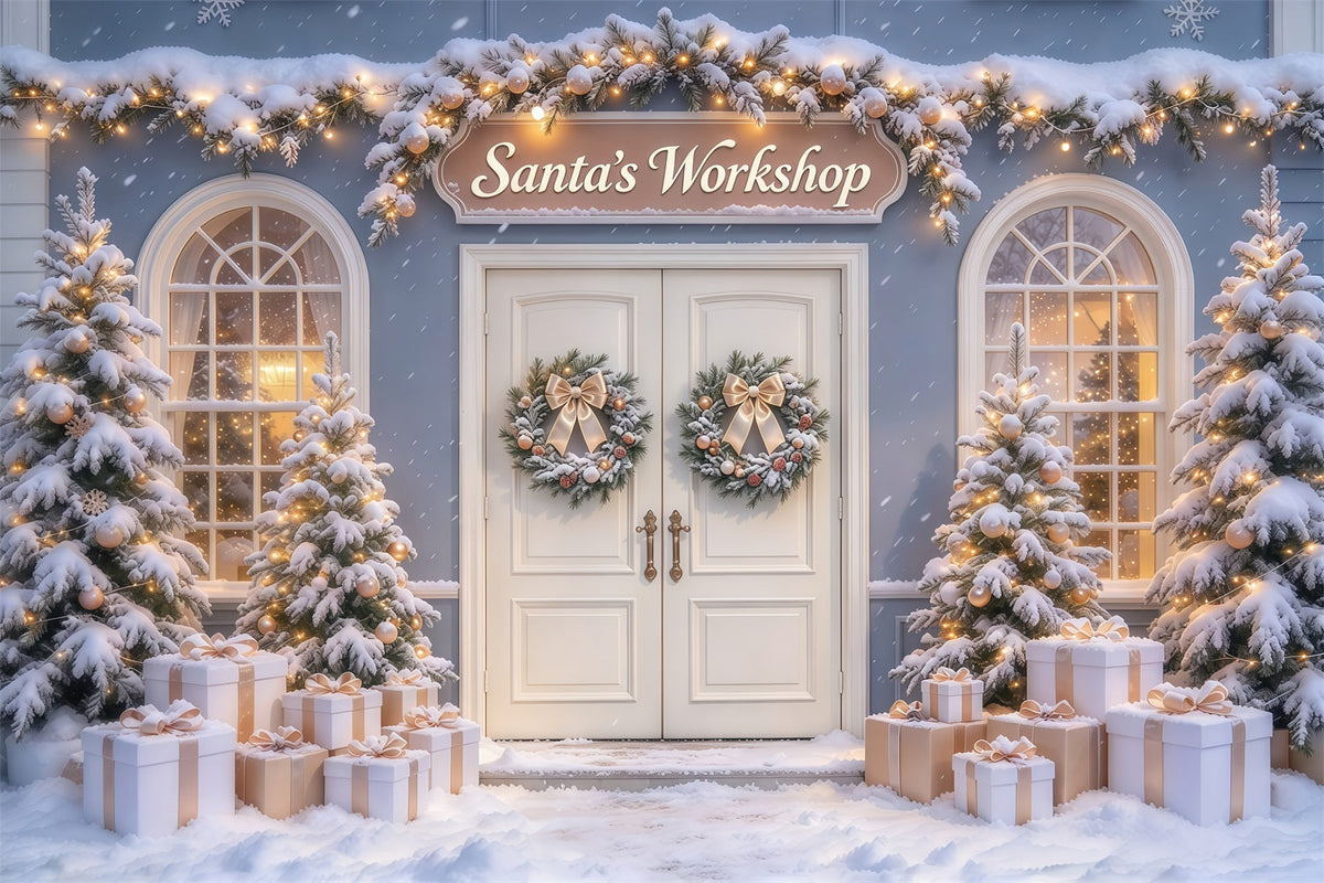 High Resolution Christmas Backdrops Snowy Door Display Santas Workshop Photo Backdrop UK GQ69-108
