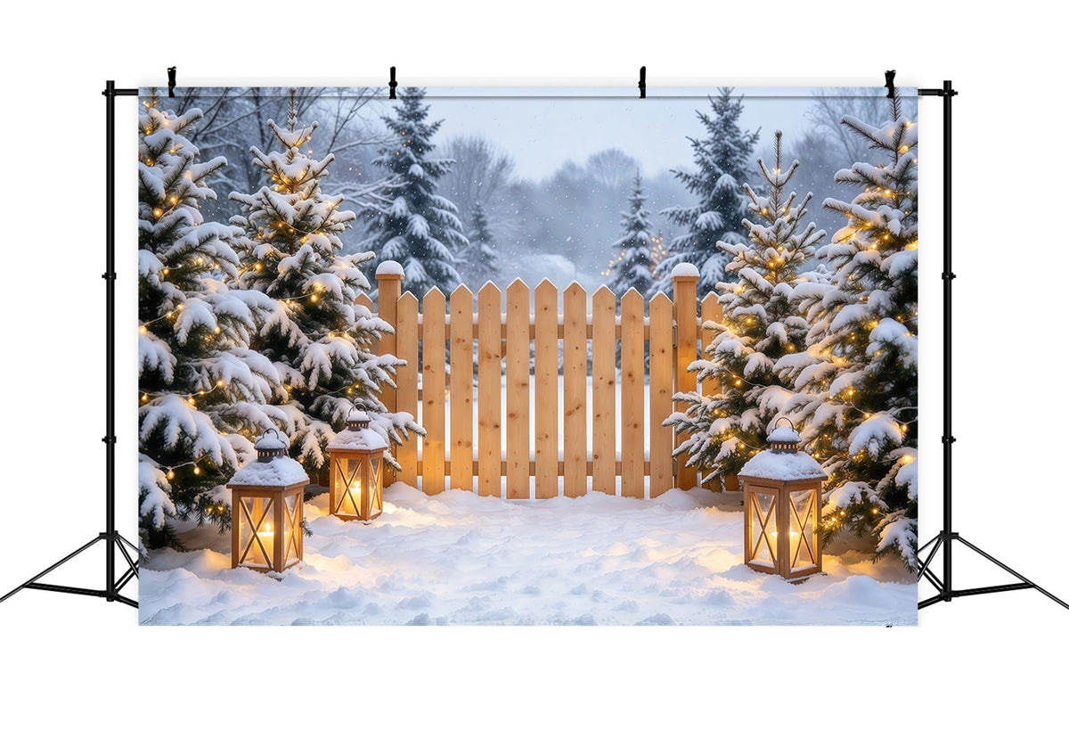 Christmas Backdrop Outside Snowy Pine Lantern Fence Cloth Christmas Backdrops UK GQ69-110