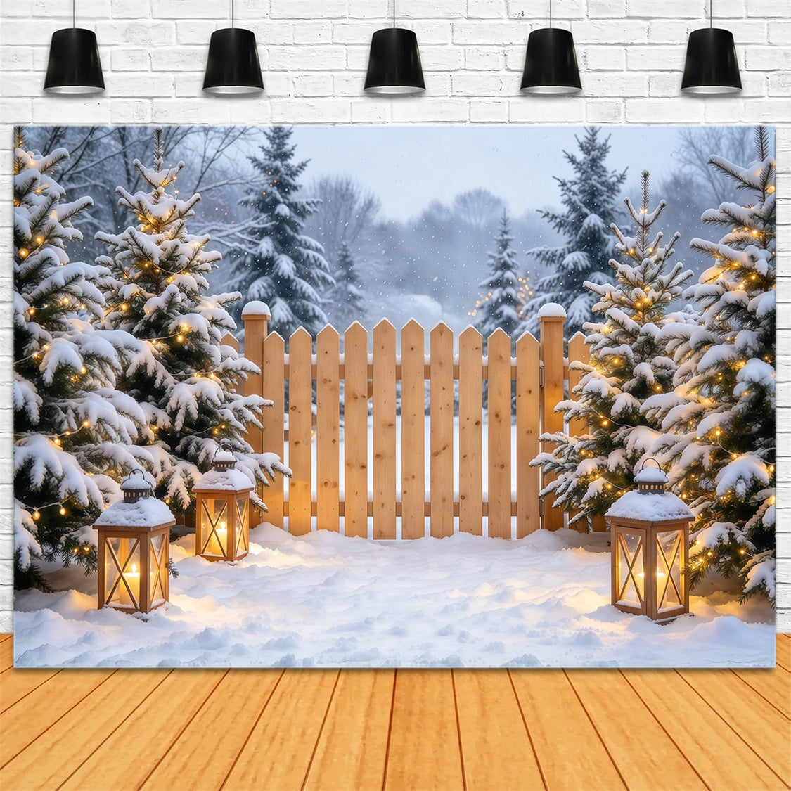 Christmas Backdrop Outside Snowy Pine Lantern Fence Cloth Christmas Backdrops UK GQ69-110