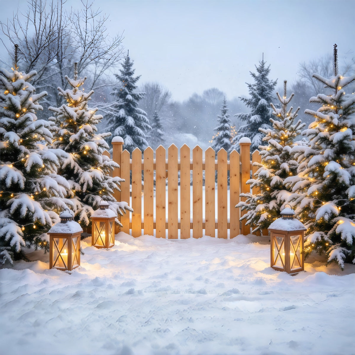 Christmas Backdrop Outside Snowy Pine Lantern Fence Cloth Christmas Backdrops UK GQ69-110