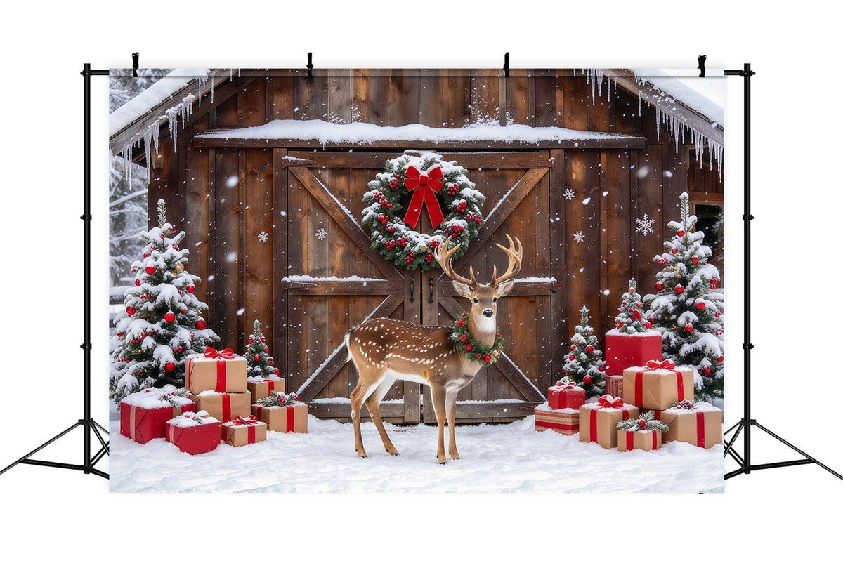Country Christmas Photo Backdrop Snowy Reindeer Barn Display Reindeer Photo Backdrop UK GQ69-111