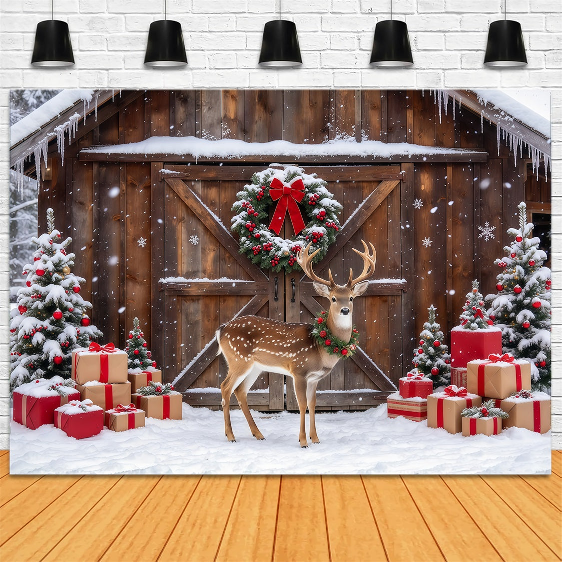 Country Christmas Photo Backdrop Snowy Reindeer Barn Display Reindeer Photo Backdrop UK GQ69-111
