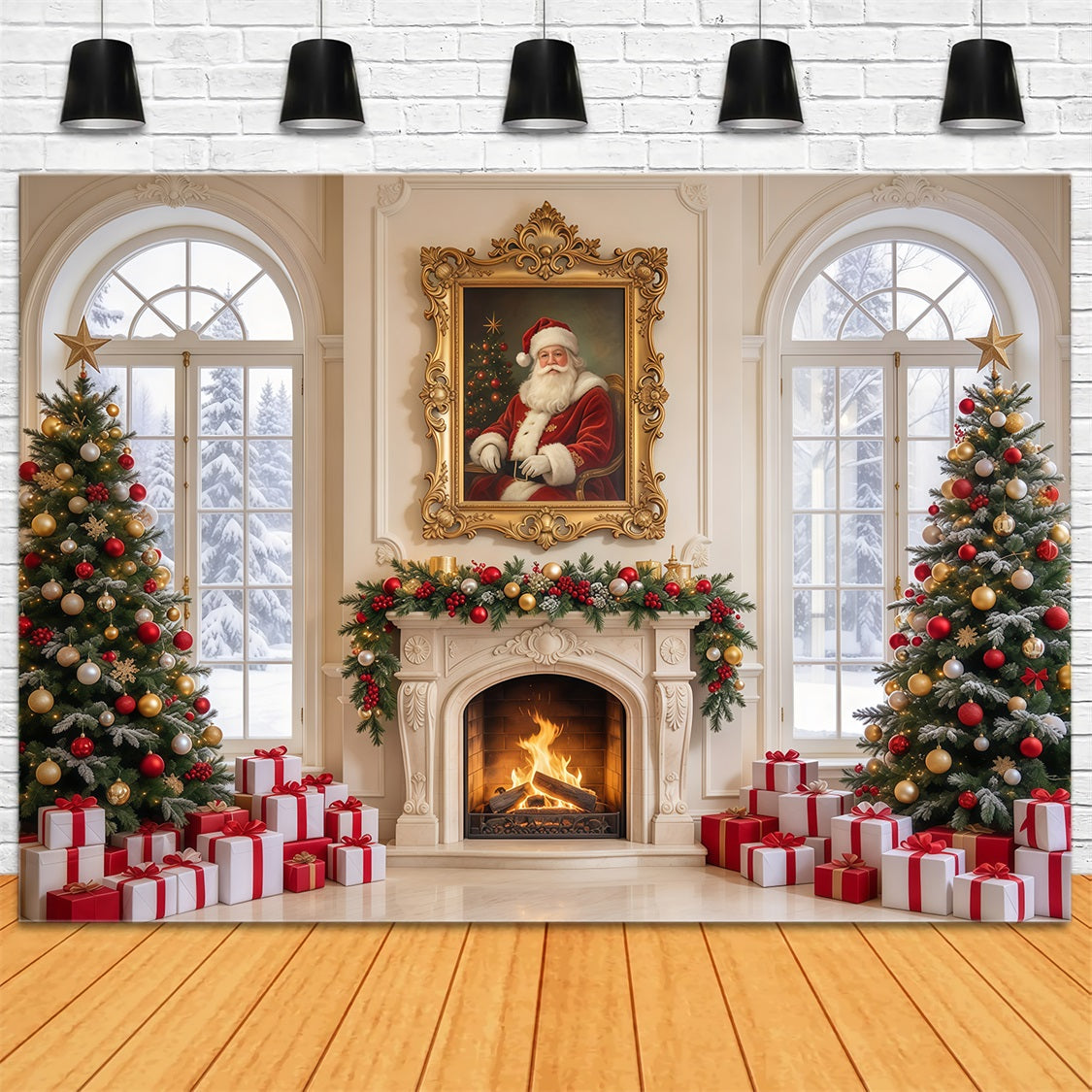 Backdrop For Santa Pictures Window Fireplace Display Santa Photoshoot Backdrop UK GQ69-113