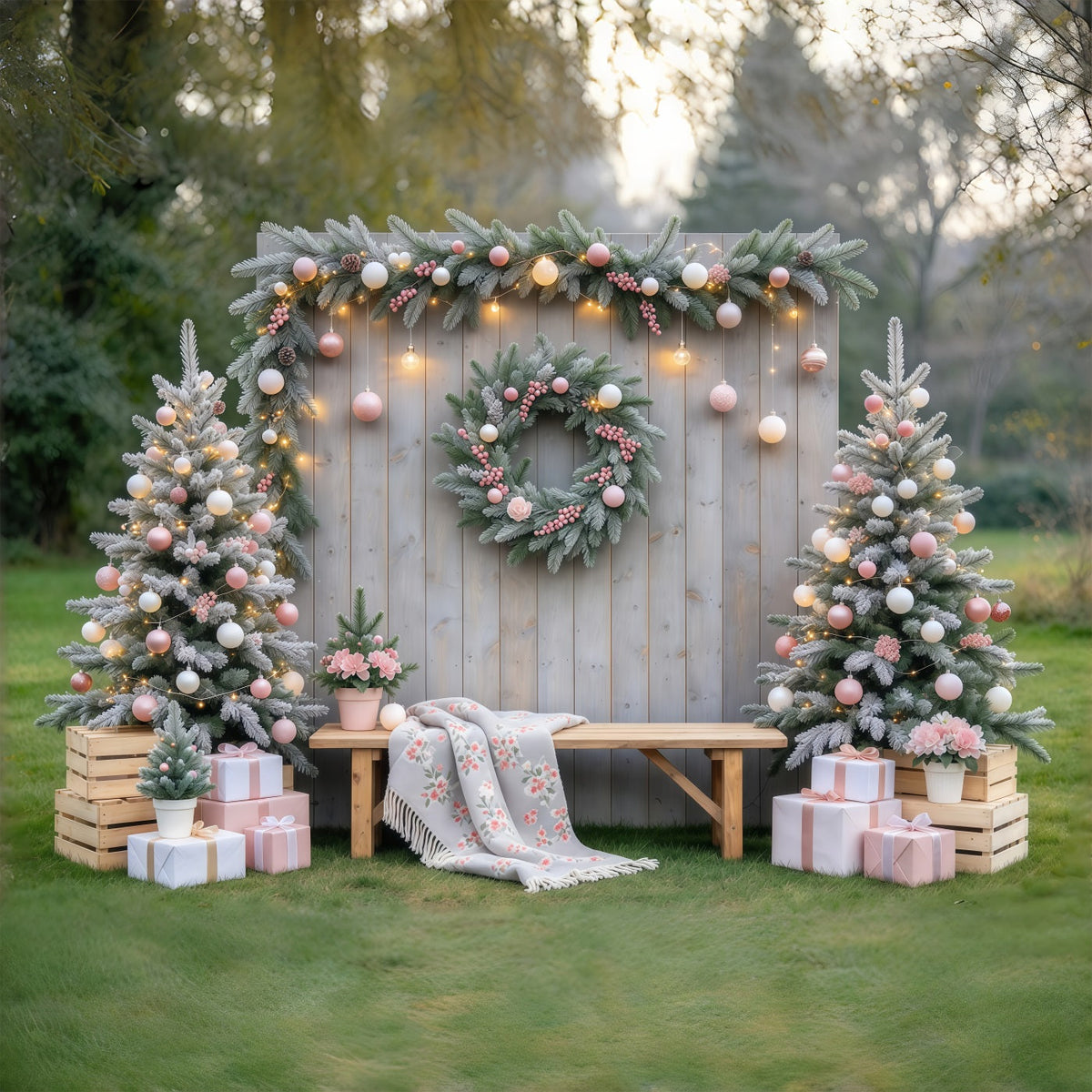 Rustic Christmas Photo Backdrop Blush Ornament Garden Display Family Christmas Backdrop UK GQ69-119