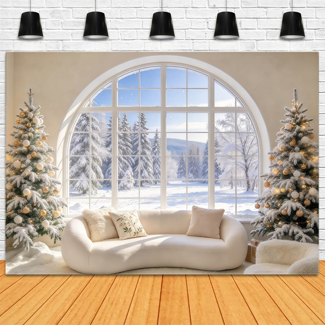 Christmas Couch Backdrop Snowy Arched Window Lounge Christmas Presents Backdrop UK GQ69-120
