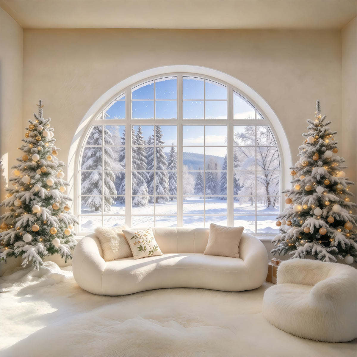 Christmas Couch Backdrop Snowy Arched Window Lounge Christmas Presents Backdrop UK GQ69-120