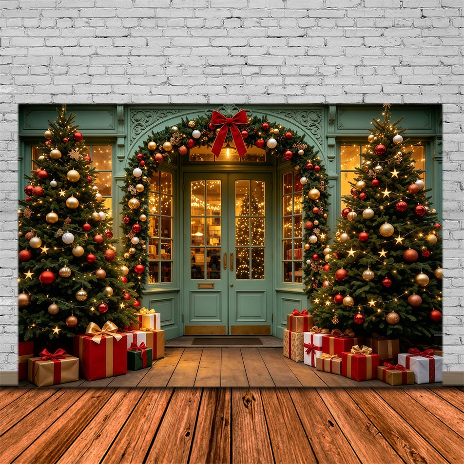 Christmas Store Backdrop Green Door Garland Entrance Muslin Christmas Backdrop UK GQ69-13