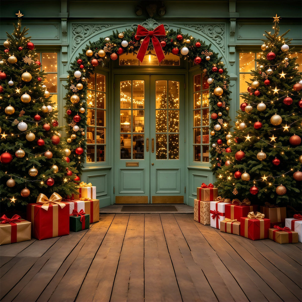 Christmas Store Backdrop Green Door Garland Entrance Muslin Christmas Backdrop UK GQ69-13