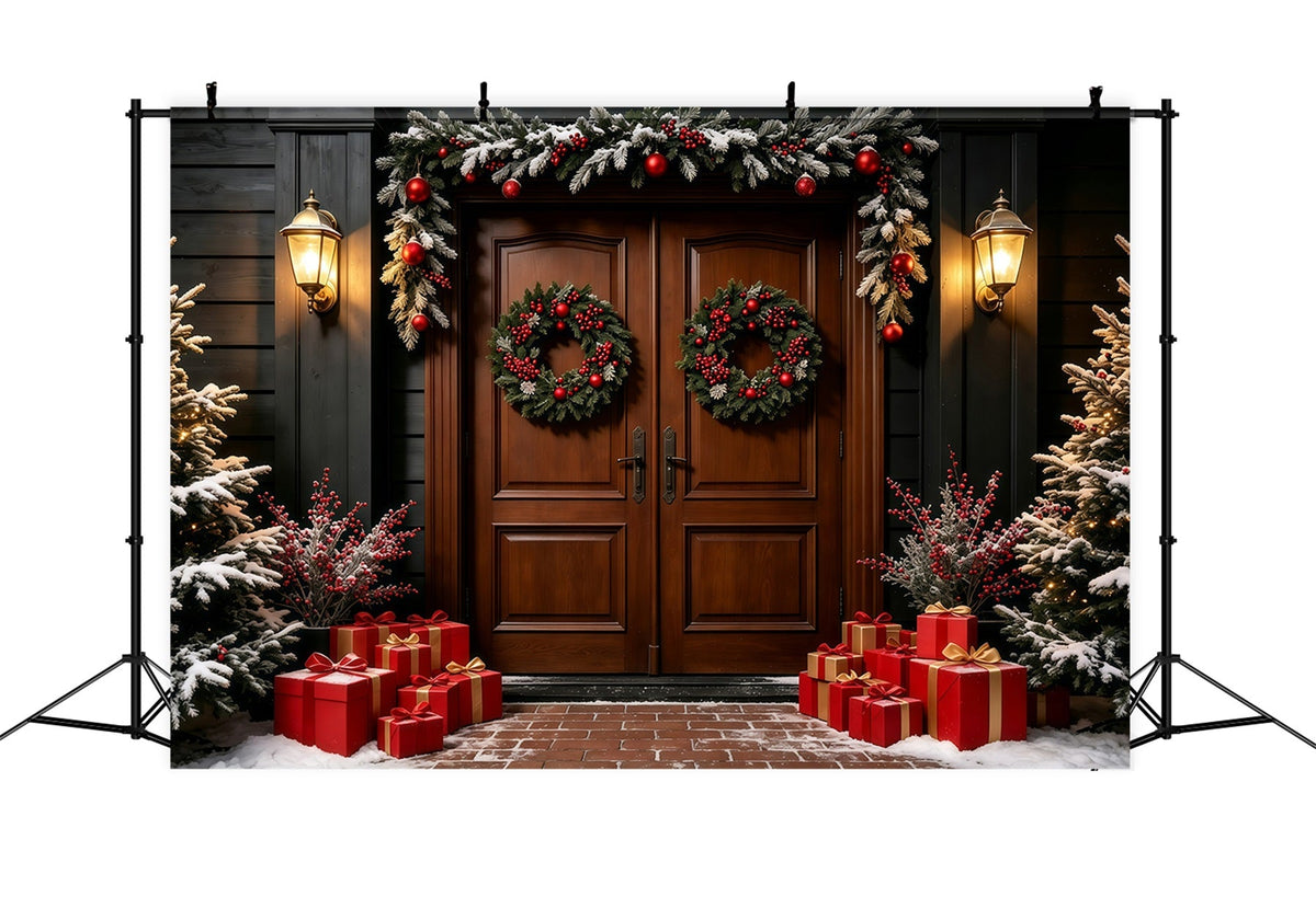 Dark Christmas Backdrop Double Wreath Wooden Door Photographic Backdrops Christmas UK GQ69-15