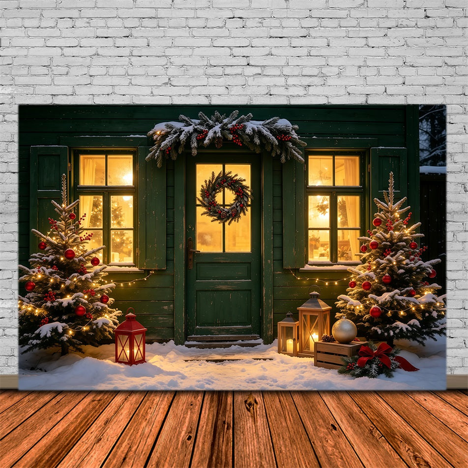 Christmas Scene Backdrop Green Cottage Wreath Entrance Christmas Backdrop UK GQ69-17