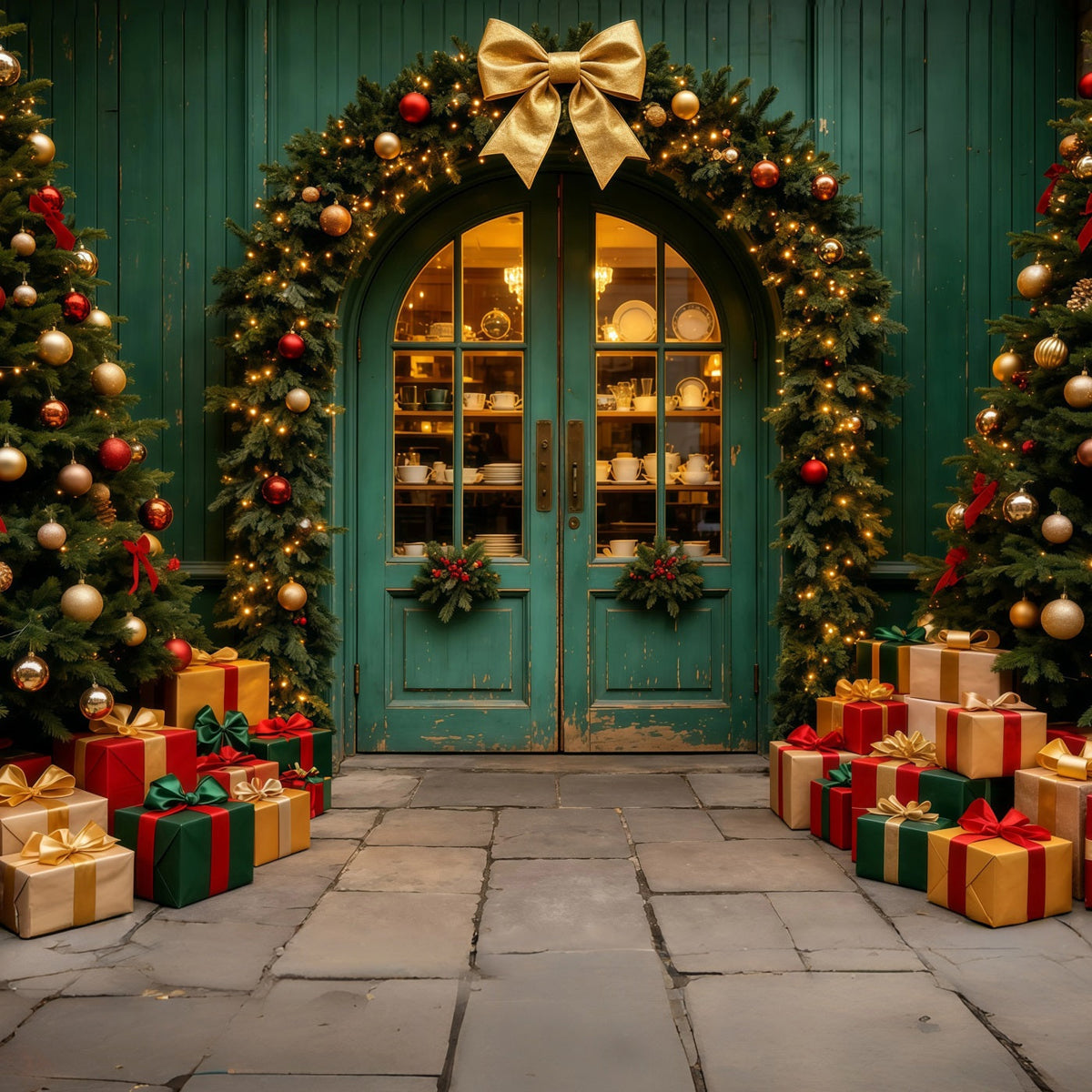 Christmas Store Backdrop Teal Arched Garland Entrance Christmas Backdrops UK GQ69-18