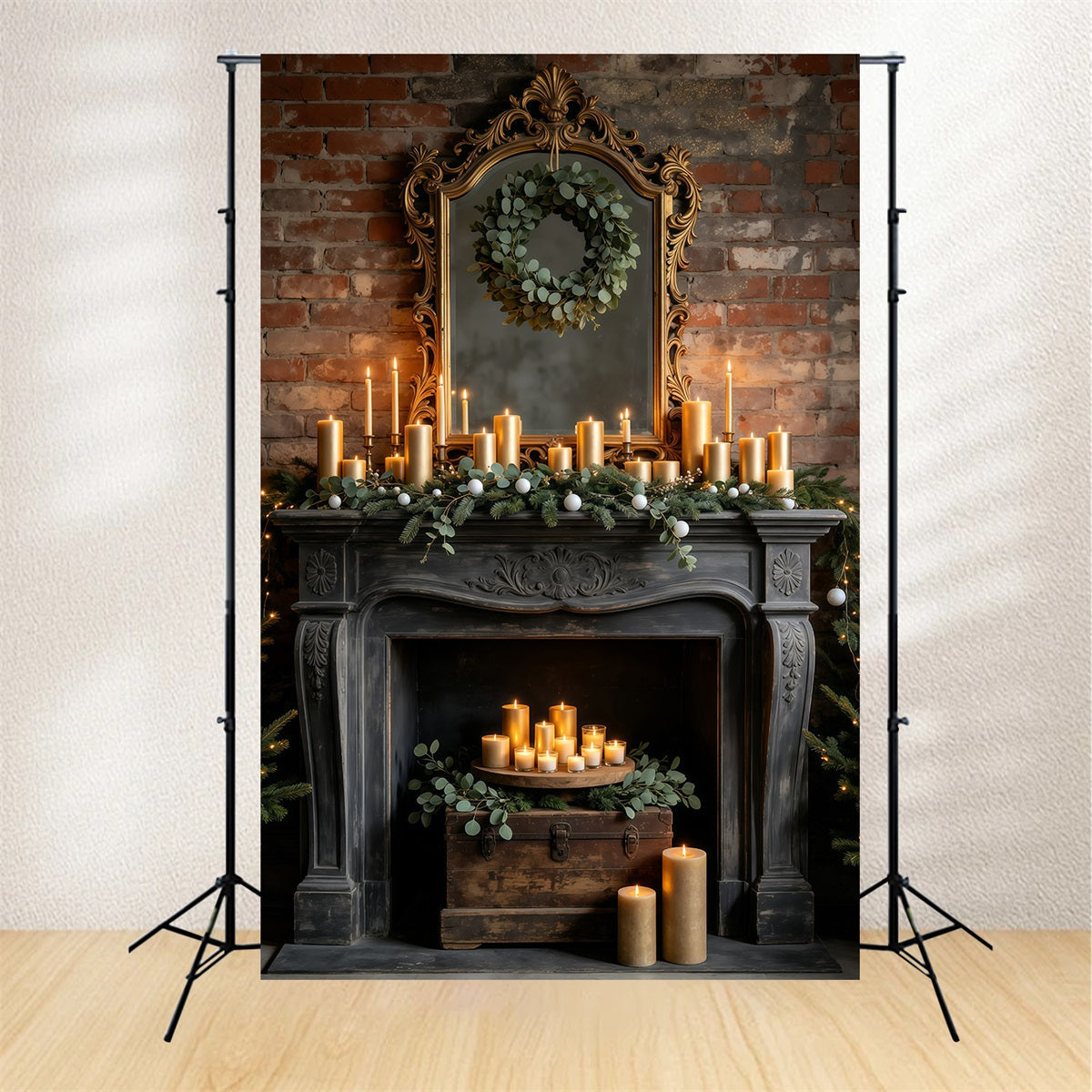 Christmas Fireplace Backdrop Vintage Mirror Candle Mantel Christmas Photo Backdrop UK GQ69-21