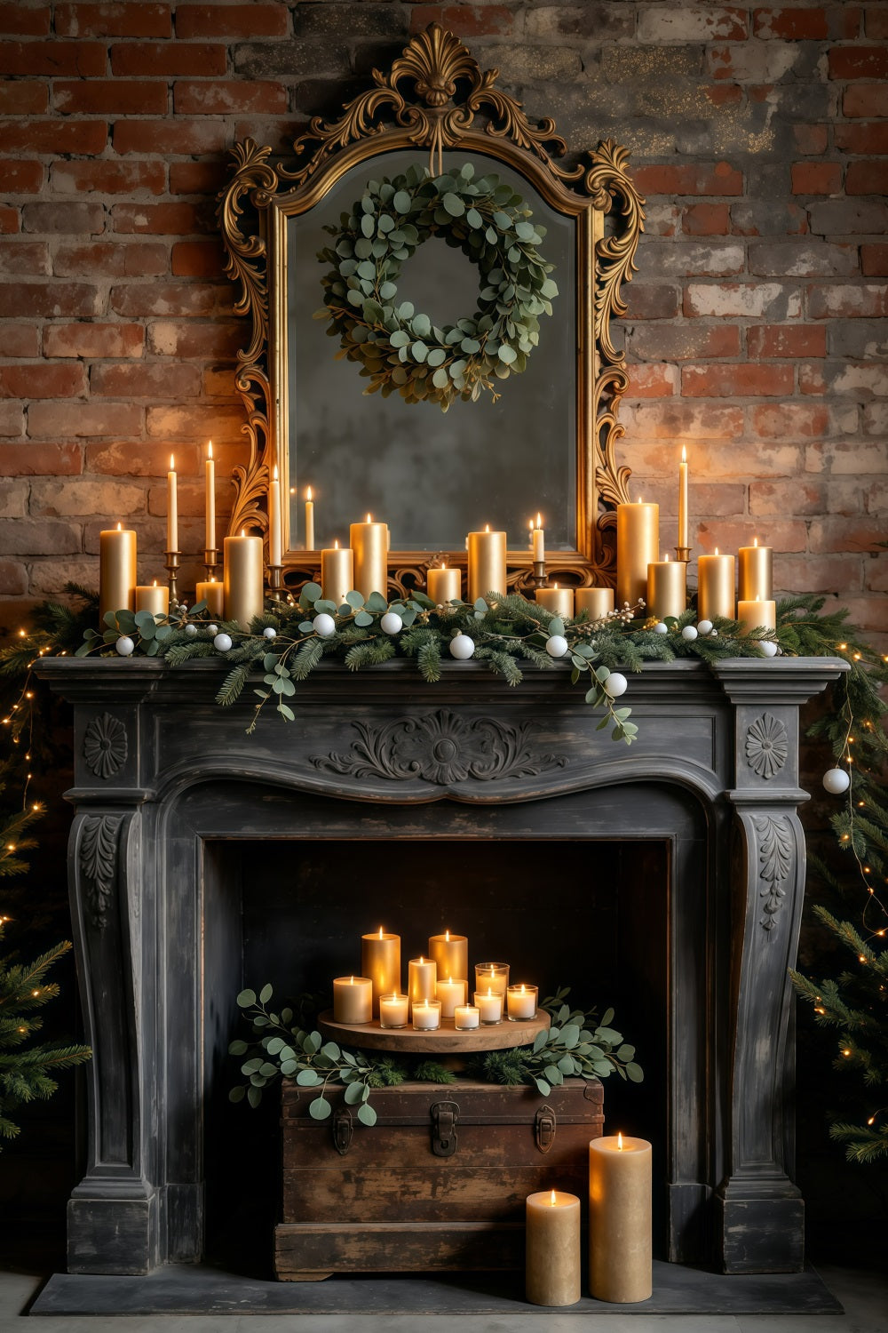 Christmas Fireplace Backdrop Vintage Mirror Candle Mantel Christmas Photo Backdrop UK GQ69-21