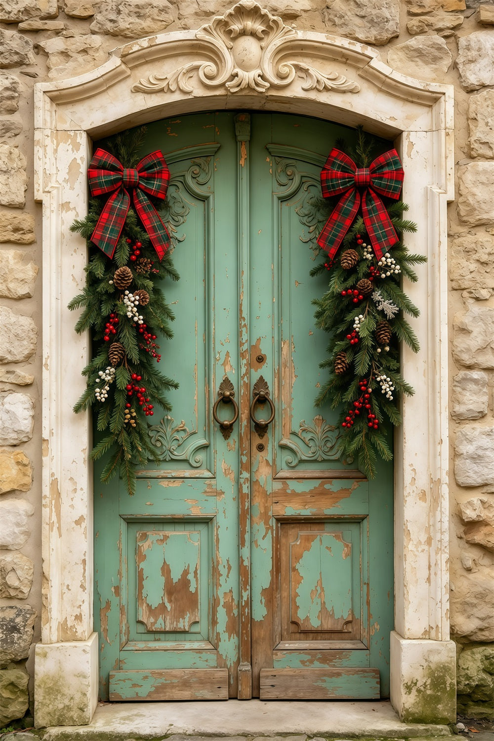 Christmas Door Backdrop Antique Green Door Garland Professional Christmas Backdrops UK GQ69-25