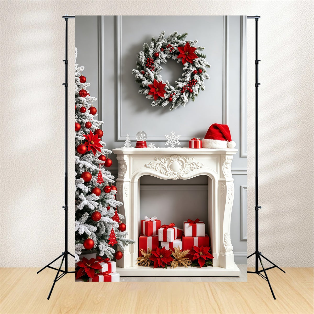 Fireplace Backdrop Christmas White Poinsettia Mantel Decor Photo Backdrop Christmas UK GQ69-27