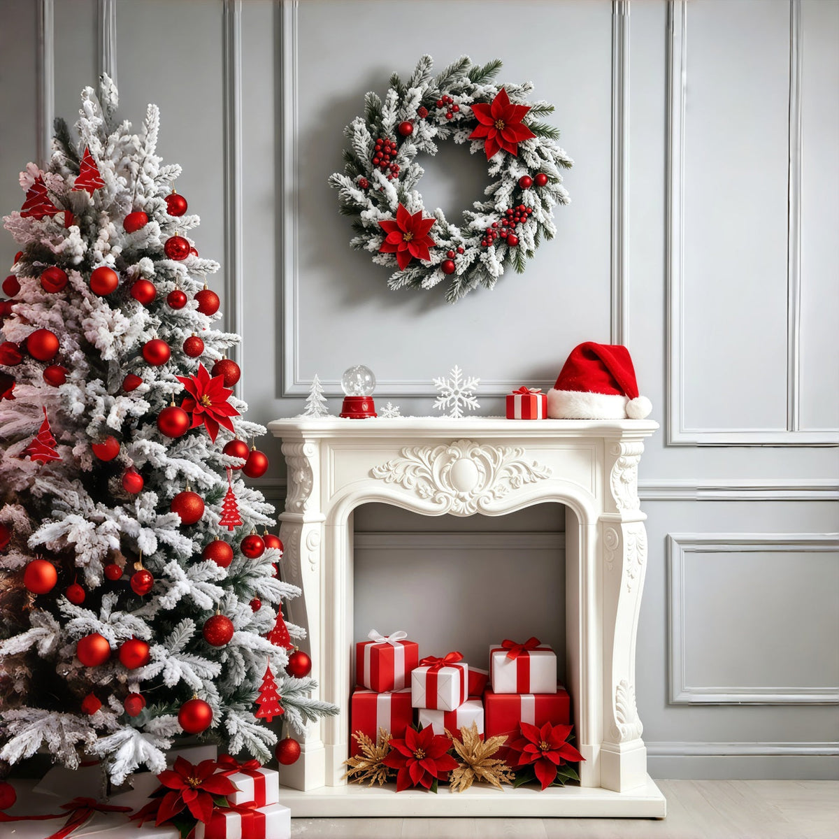 Fireplace Backdrop Christmas White Poinsettia Mantel Decor Photo Backdrop Christmas UK GQ69-27