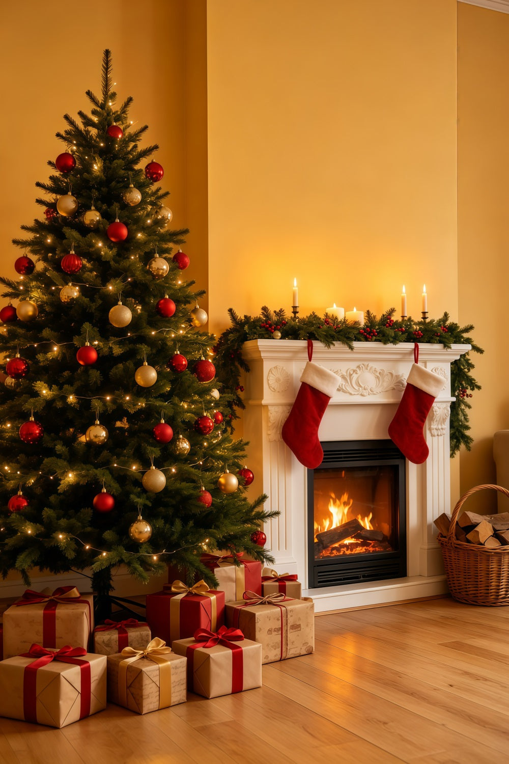Cozy Christmas Backdrop Golden Fireplace Tree Corner Photo Backdrops Christmas UK GQ69-35