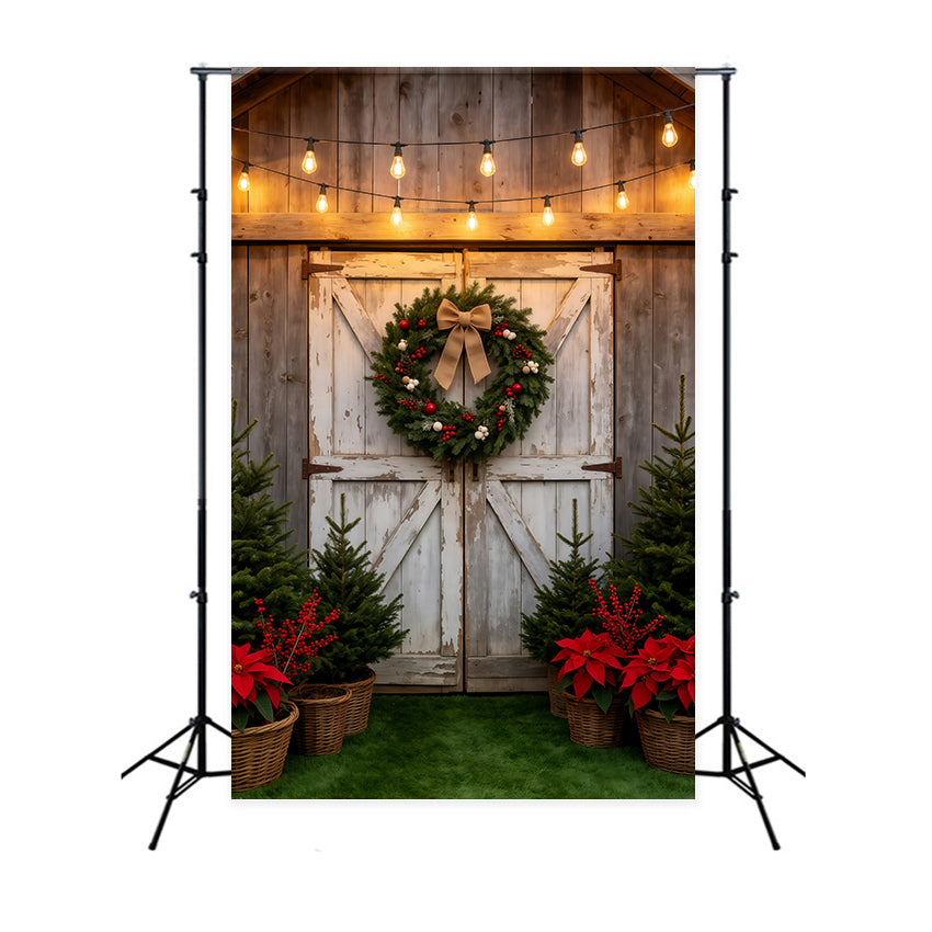 Christmas Tree Farm Backdrop Rustic Barn Door Wreath Photography Backdrop Christmas UK GQ69-38