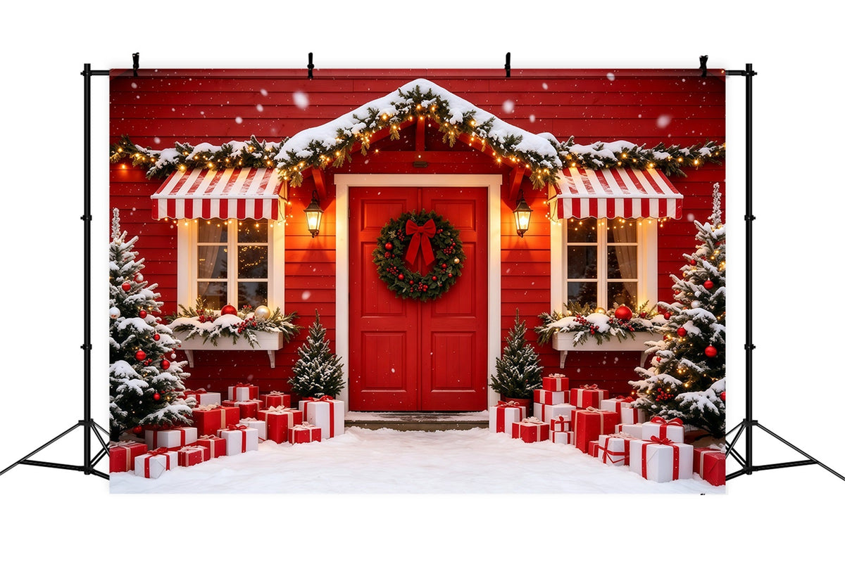 Christmas House Backdrop Red Cabin Door Entrance Christmas Studio Backdrops UK GQ69-4