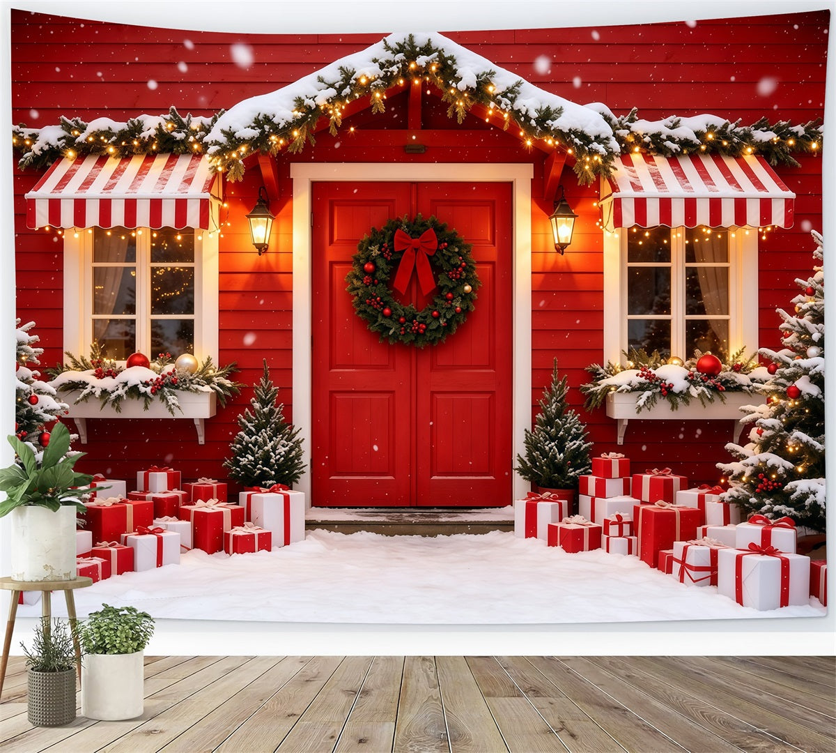 Christmas House Backdrop Red Cabin Door Entrance Christmas Studio Backdrops UK GQ69-4