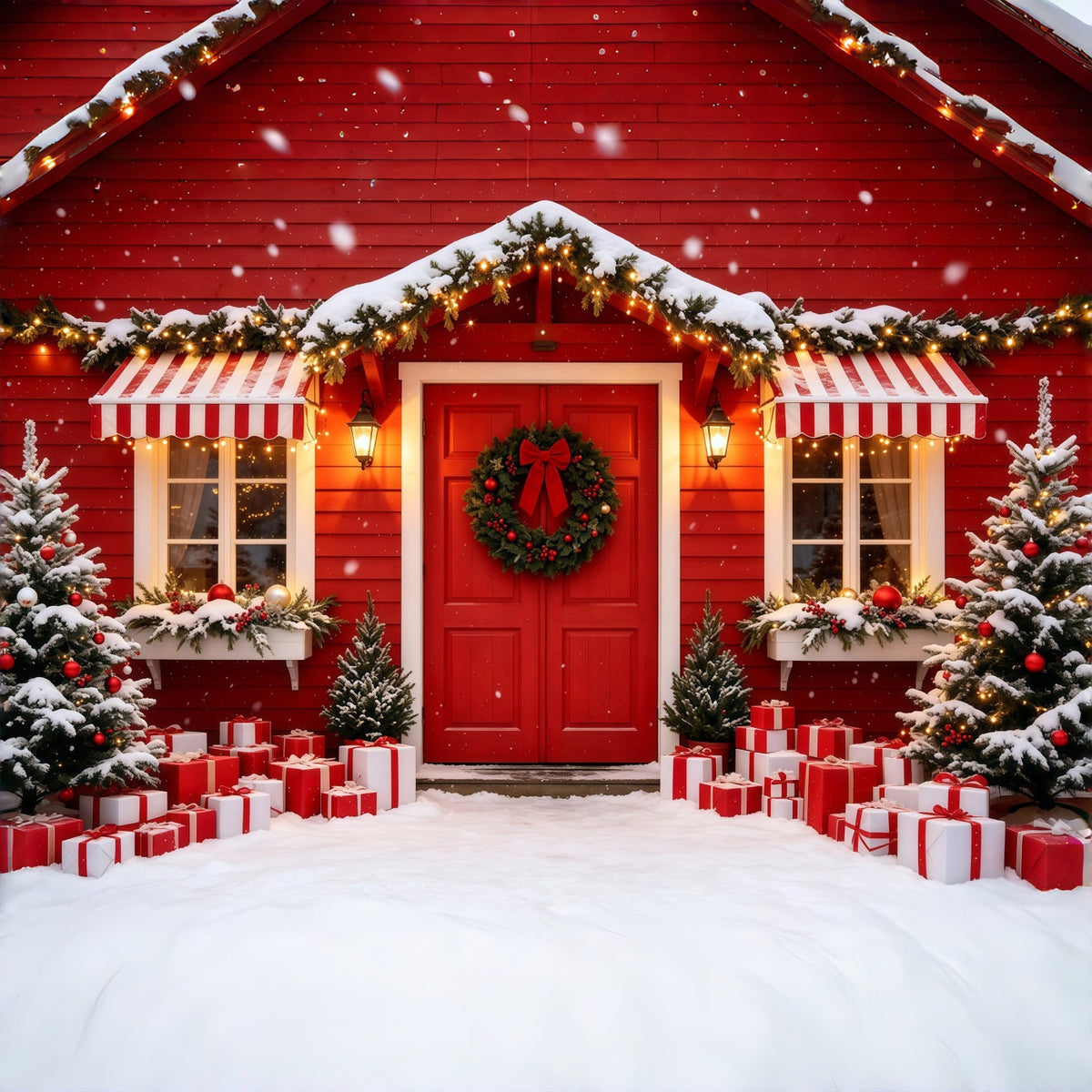 Christmas House Backdrop Red Cabin Door Entrance Christmas Studio Backdrops UK GQ69-4