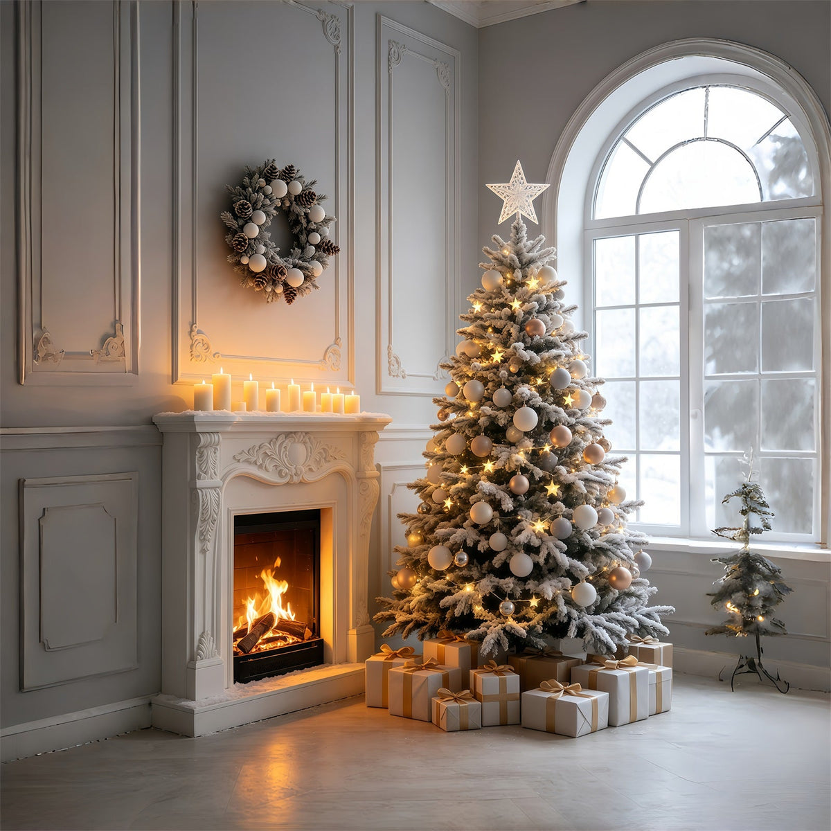 Christmas Scene Backdrop Elegant Fireplace Tree Room Photo Christmas Backdrops UK GQ69-42