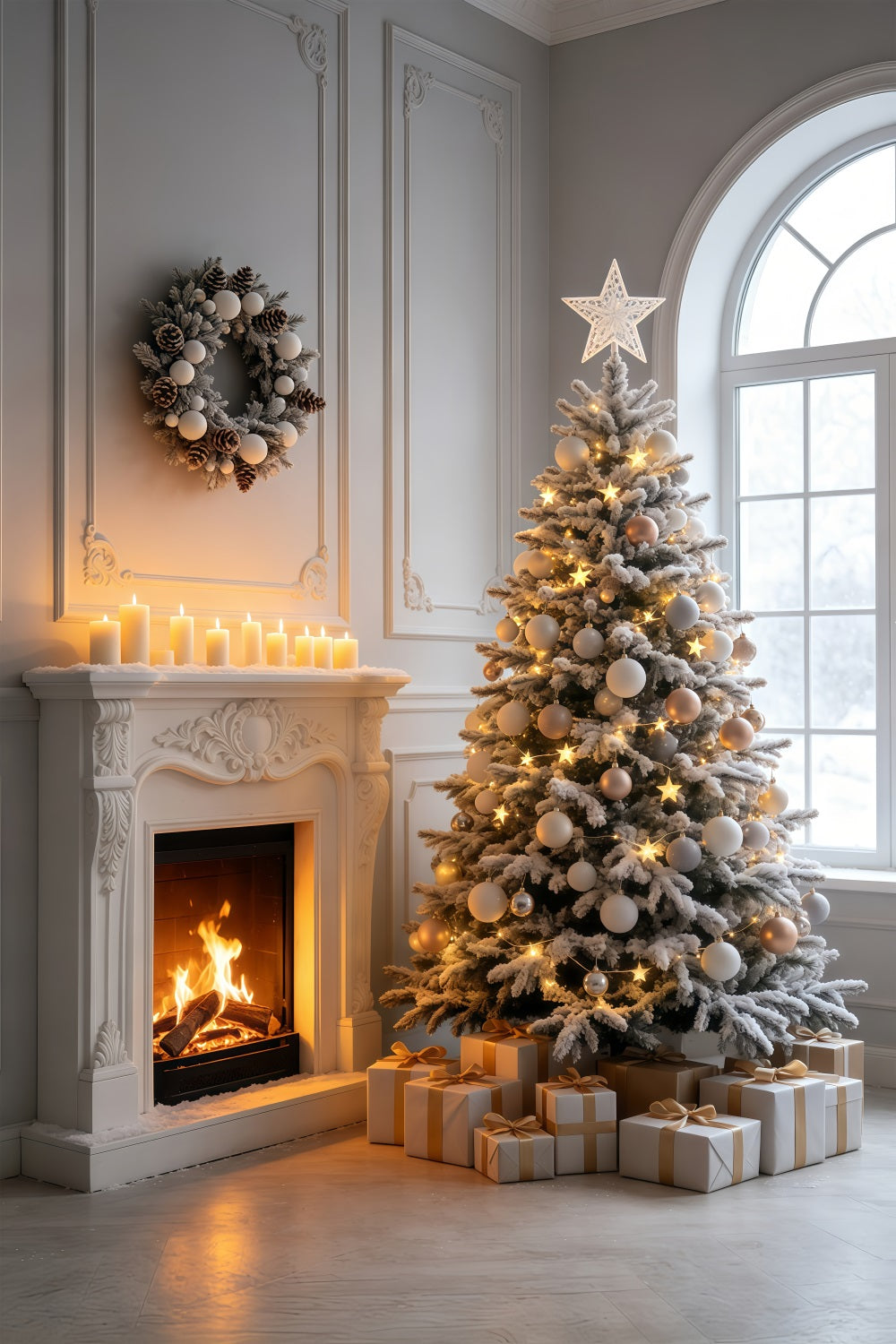 Christmas Scene Backdrop Elegant Fireplace Tree Room Photo Christmas Backdrops UK GQ69-42