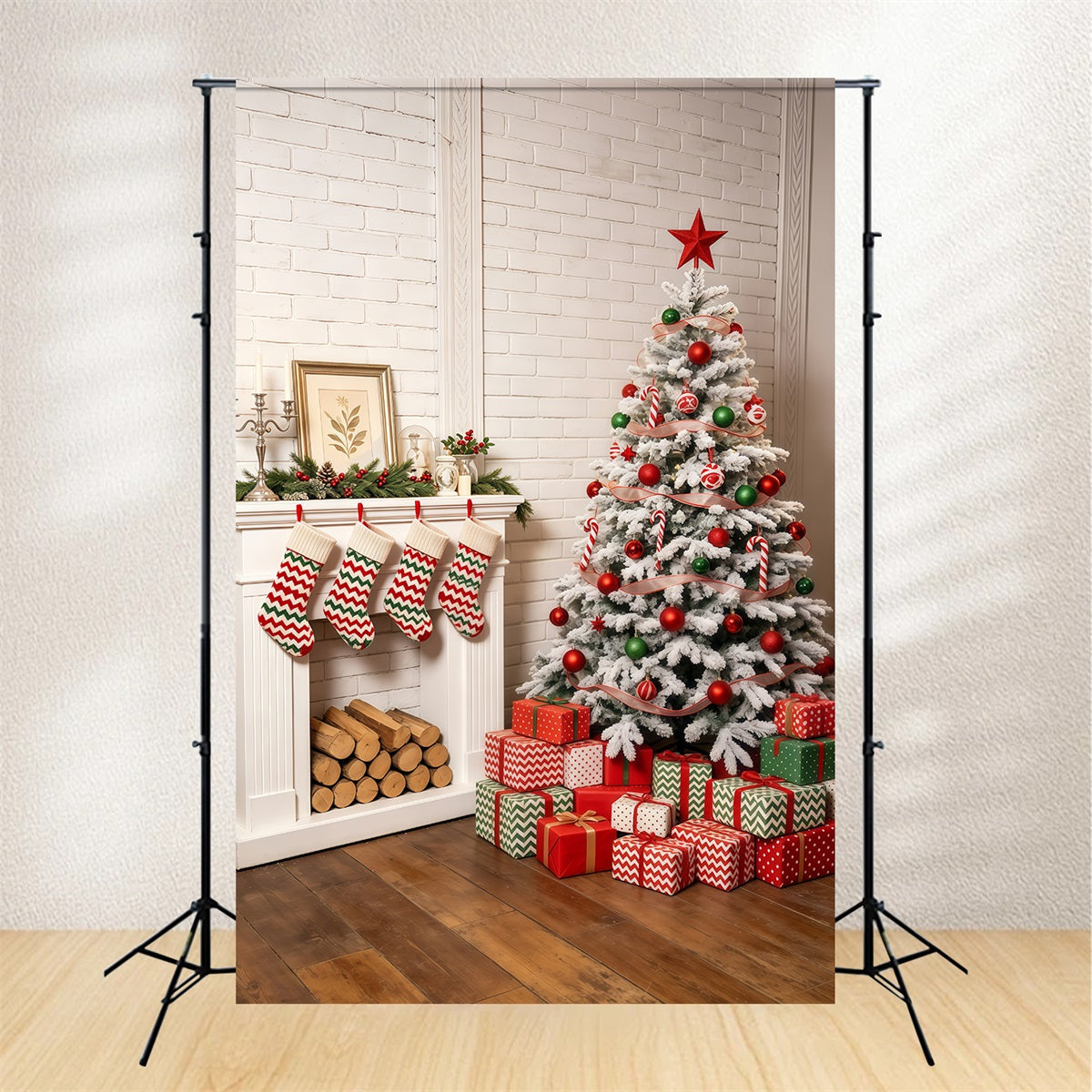 Cozy Christmas Backdrop Green Fireplace Mantel Decor Studio Christmas Backdrop UK GQ69-44
