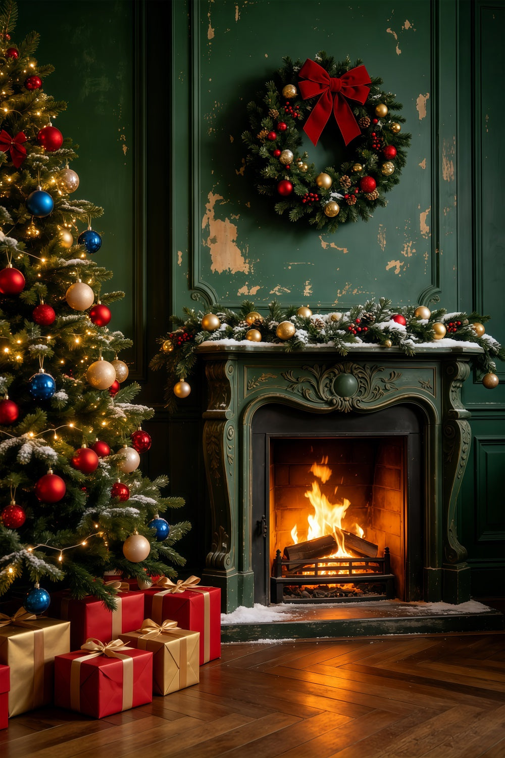 Vintage Christmas Backdrop Green Wood Fireplace Room Wall Christmas Backdrop UK GQ69-46