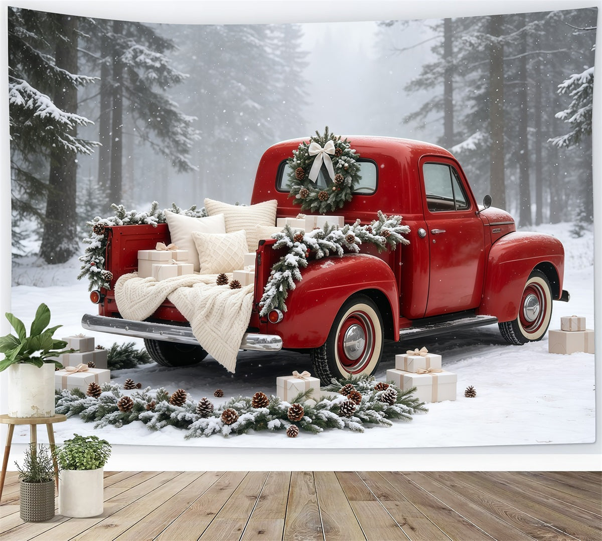 Christmas Truck Backdrop Vintage Red Car Forest Studio Christmas Backdrop UK GQ69-5