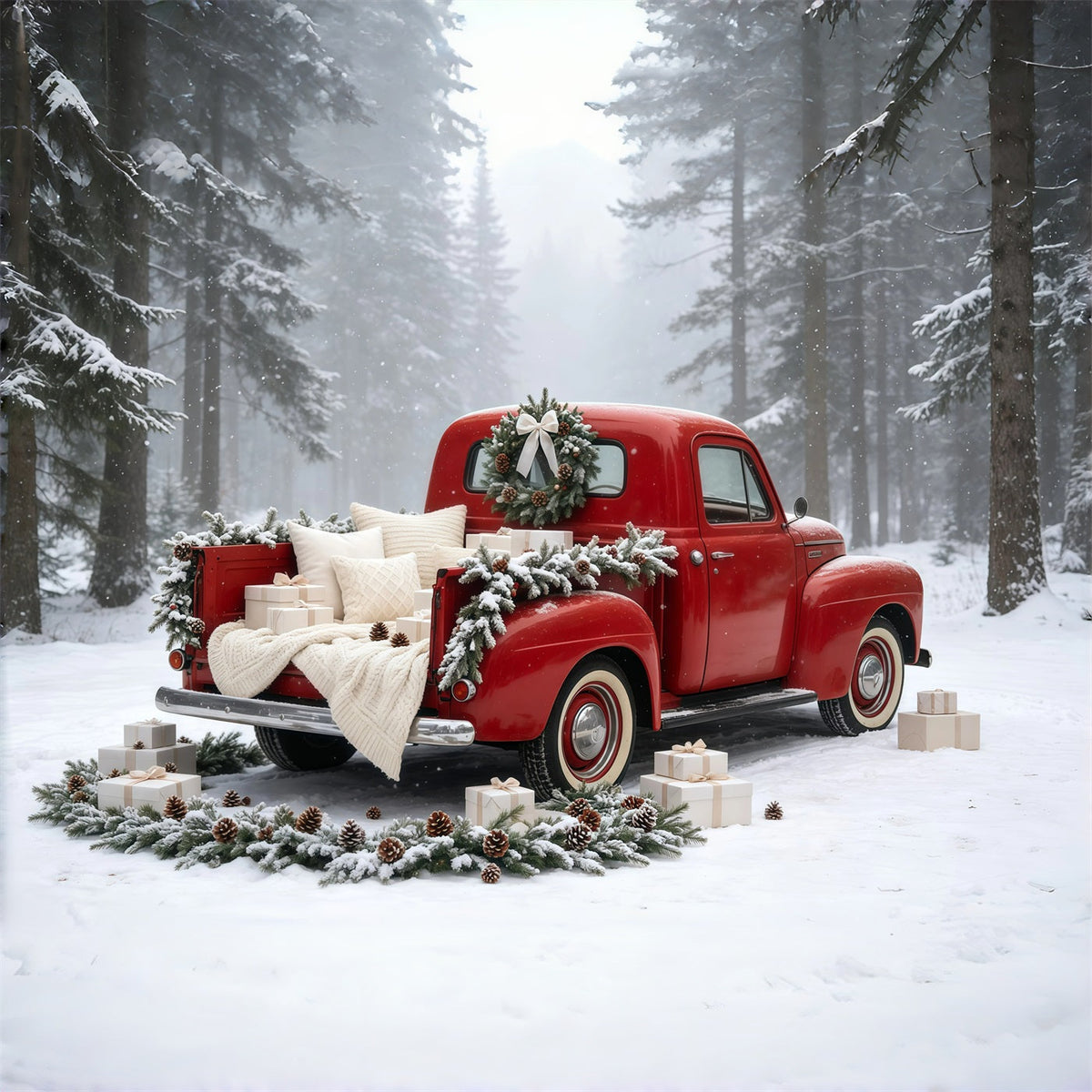 Christmas Truck Backdrop Vintage Red Car Forest Studio Christmas Backdrop UK GQ69-5