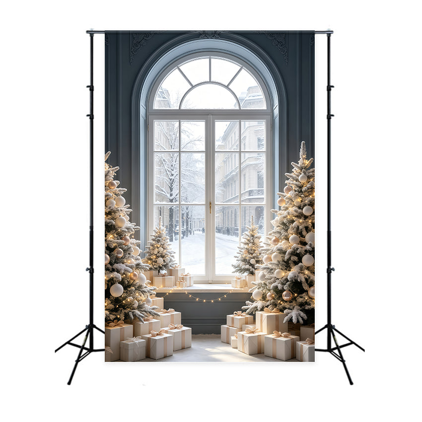 Christmas Window Backdrop Snowy Street View Tree Display Muslin Christmas Backdrop UK GQ69-52