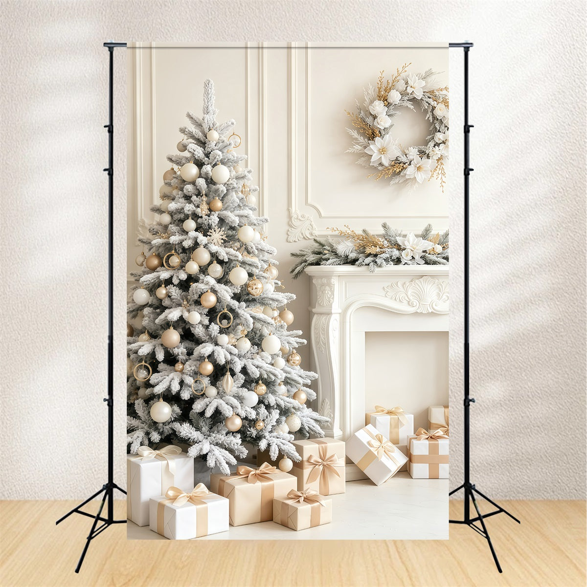 Elegant Christmas Backdrop Snowy White Tree Fireplace Room Christmas Backdrop UK GQ69-56