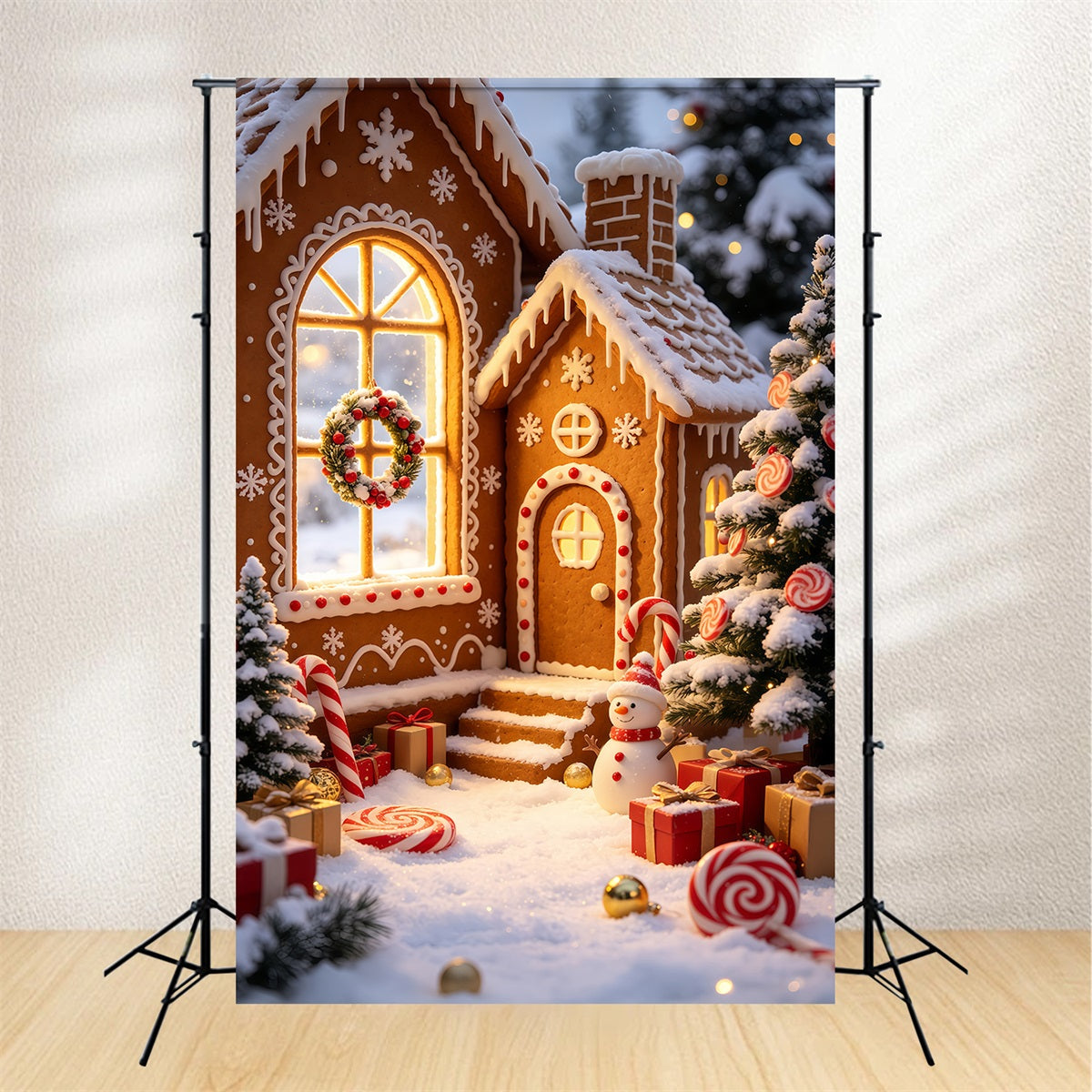 Gingerbread Christmas Backdrop Snowy Cottage Candy Village Christmas Backdrops UK GQ69-57
