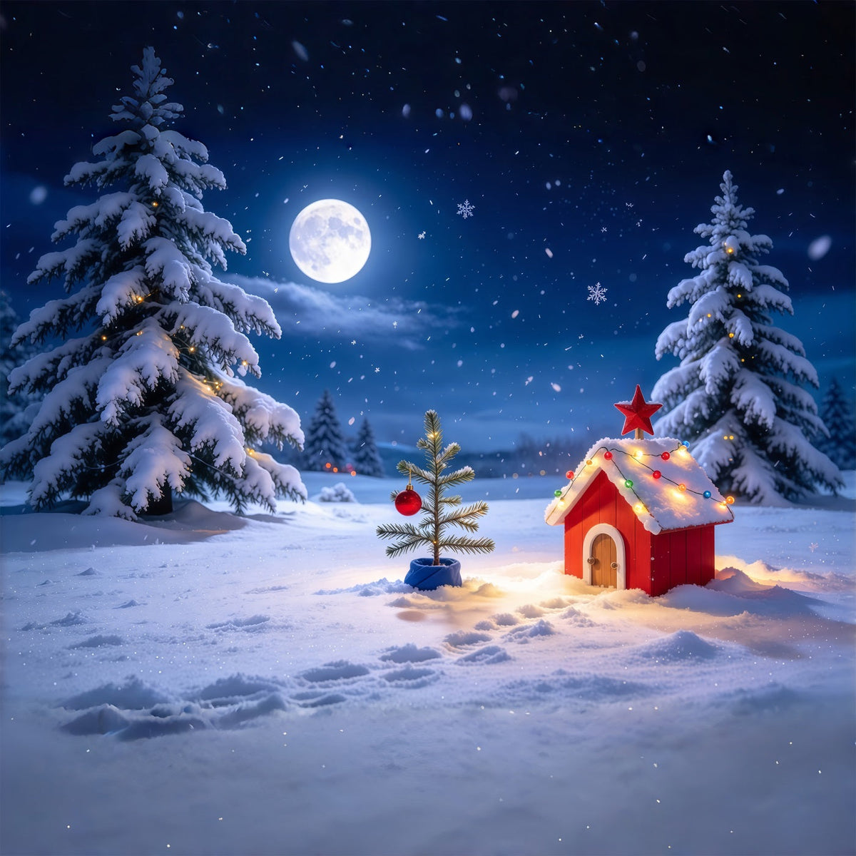 Funny Christmas Backdrops Moonlit Snowy Cottage Landscape Snow Christmas Backdrops UK GQ69-73