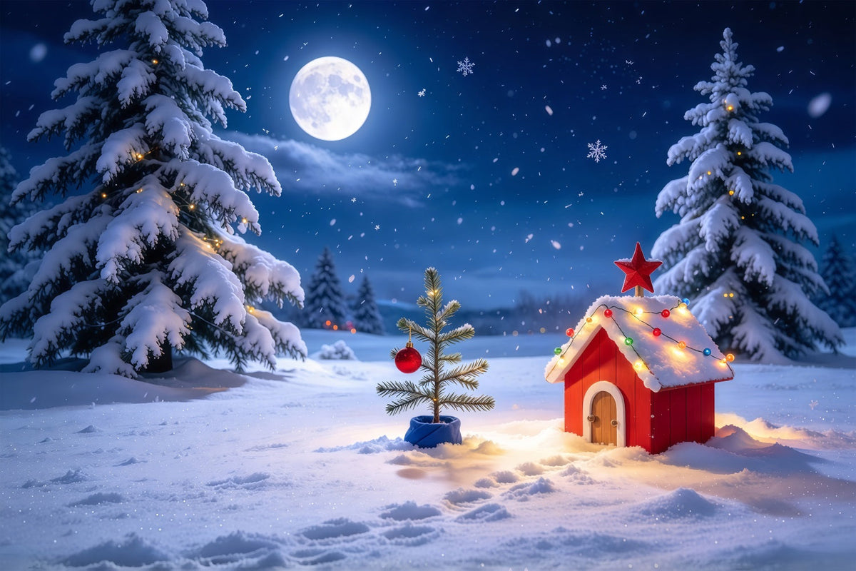Funny Christmas Backdrops Moonlit Snowy Cottage Landscape Snow Christmas Backdrops UK GQ69-73