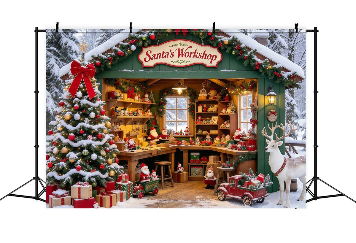 Santa Workshop Backdrops Snowy Forest House Reindeer Santa Photos Backdrop UK GQ69-74