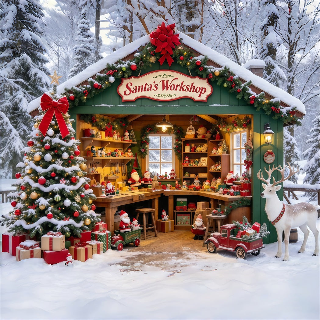 Santa Workshop Backdrops Snowy Forest House Reindeer Santa Photos Backdrop UK GQ69-74