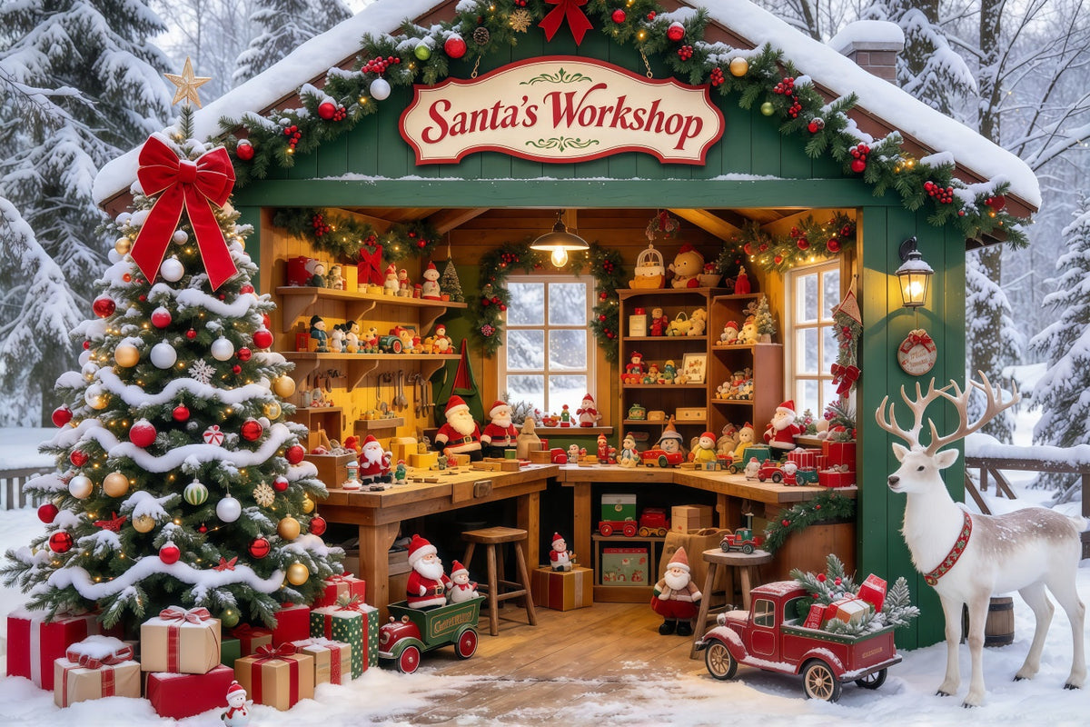Santa Workshop Backdrops Snowy Forest House Reindeer Santa Photos Backdrop UK GQ69-74