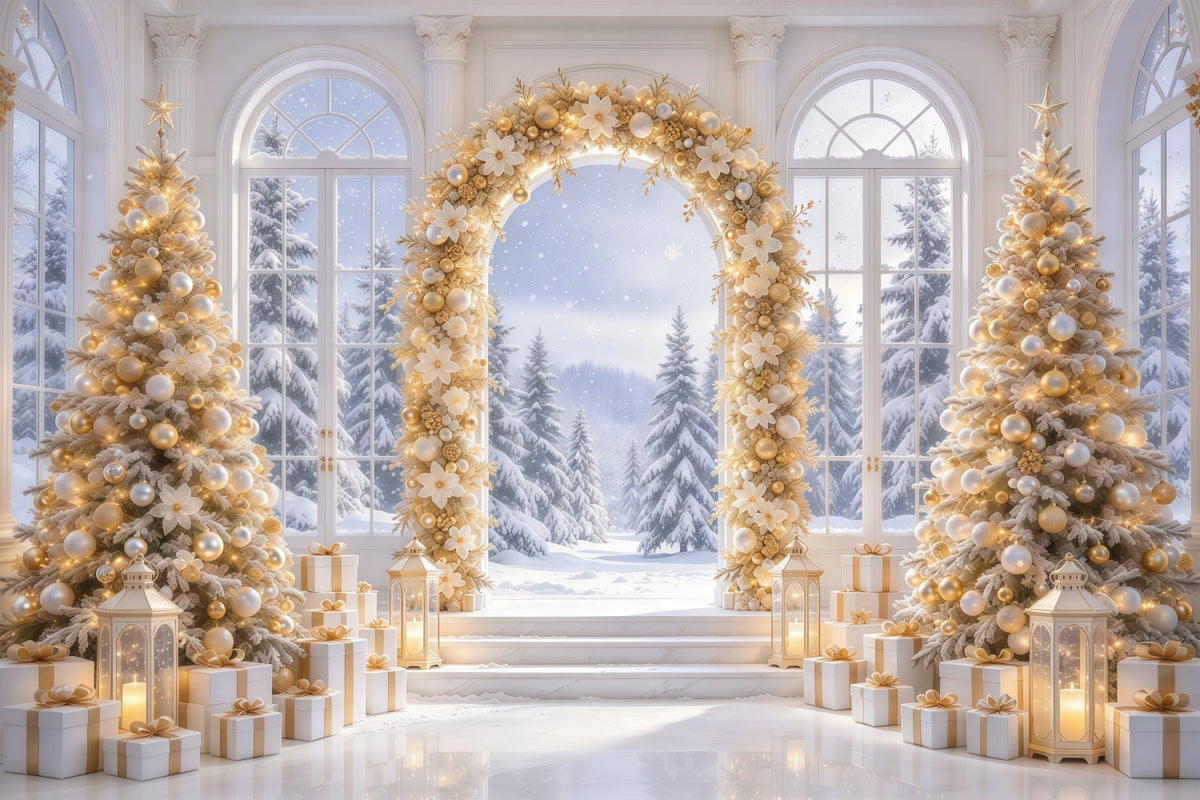 White And Gold Christmas Backdrop Golden Floral Winter Arch Christmas Backdrop UK GQ69-79