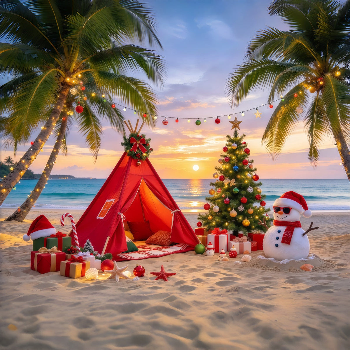 Traditional Christmas Backdrop Tropical Beach Snowman Camp Hawaiian Christmas Backdrop UK GQ69-81