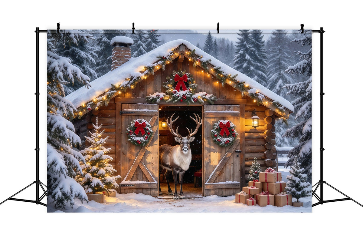 Winter Christmas Backdrops Snowy Reindeer Cabin Entrance Reindeer Stable Backdrop UK GQ69-88