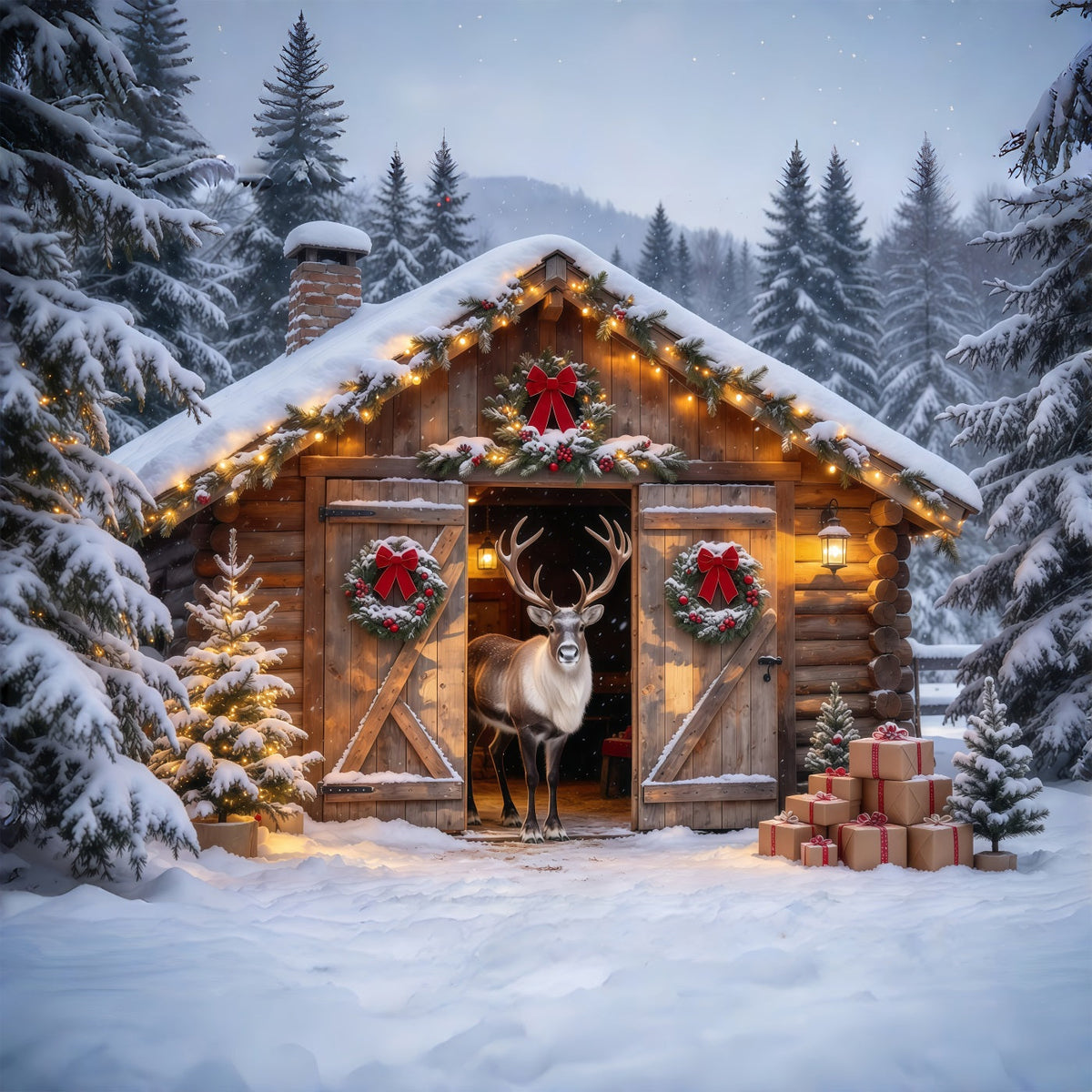 Winter Christmas Backdrops Snowy Reindeer Cabin Entrance Reindeer Stable Backdrop UK GQ69-88