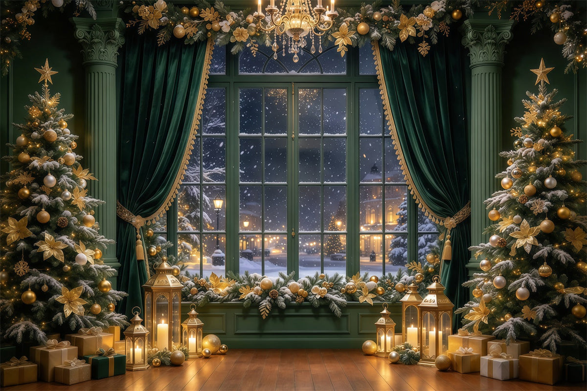 Christmas Curtain Backdrop Emerald Gold Window Display Christmas Story Backdrop UK GQ69-89